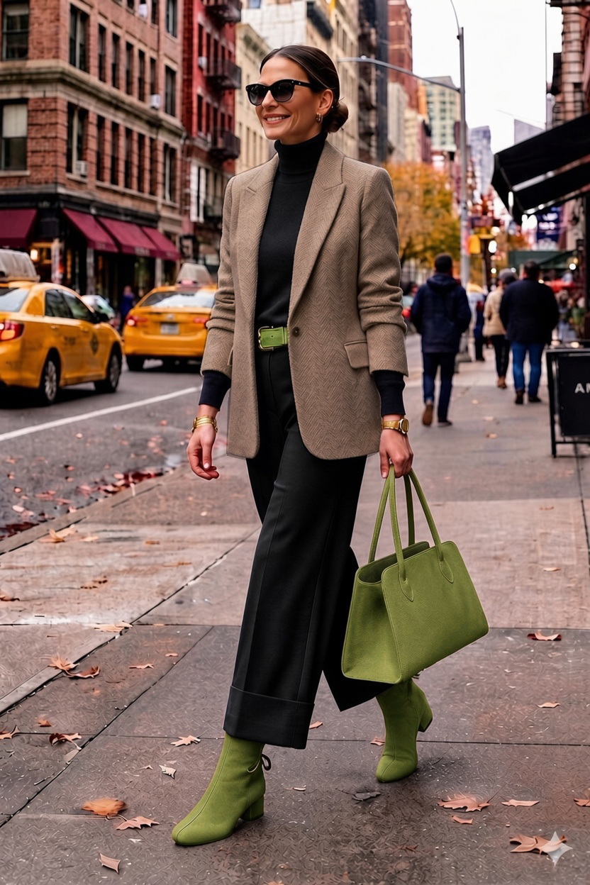 Women's pistachio green back lace-up ankle boots with round toe and low block heel - Worn view